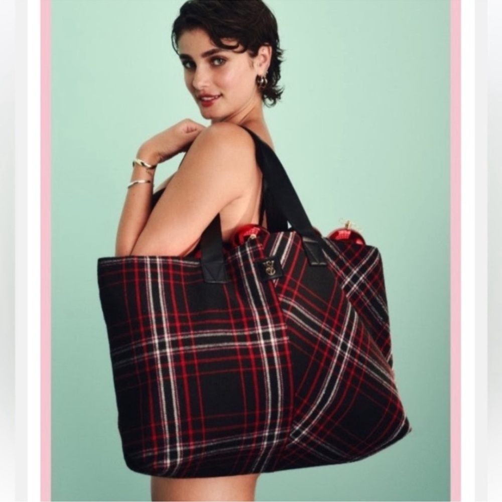 NWT Victoria's Secret Black Plaid Tote with Red and White Stripes